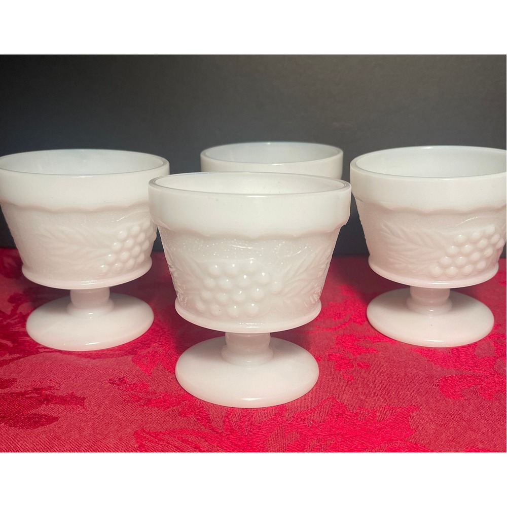 Vintage Anchor Hocking Milk Glass Dessert Dish Grape Leaf Pattern 1950s Set of 4